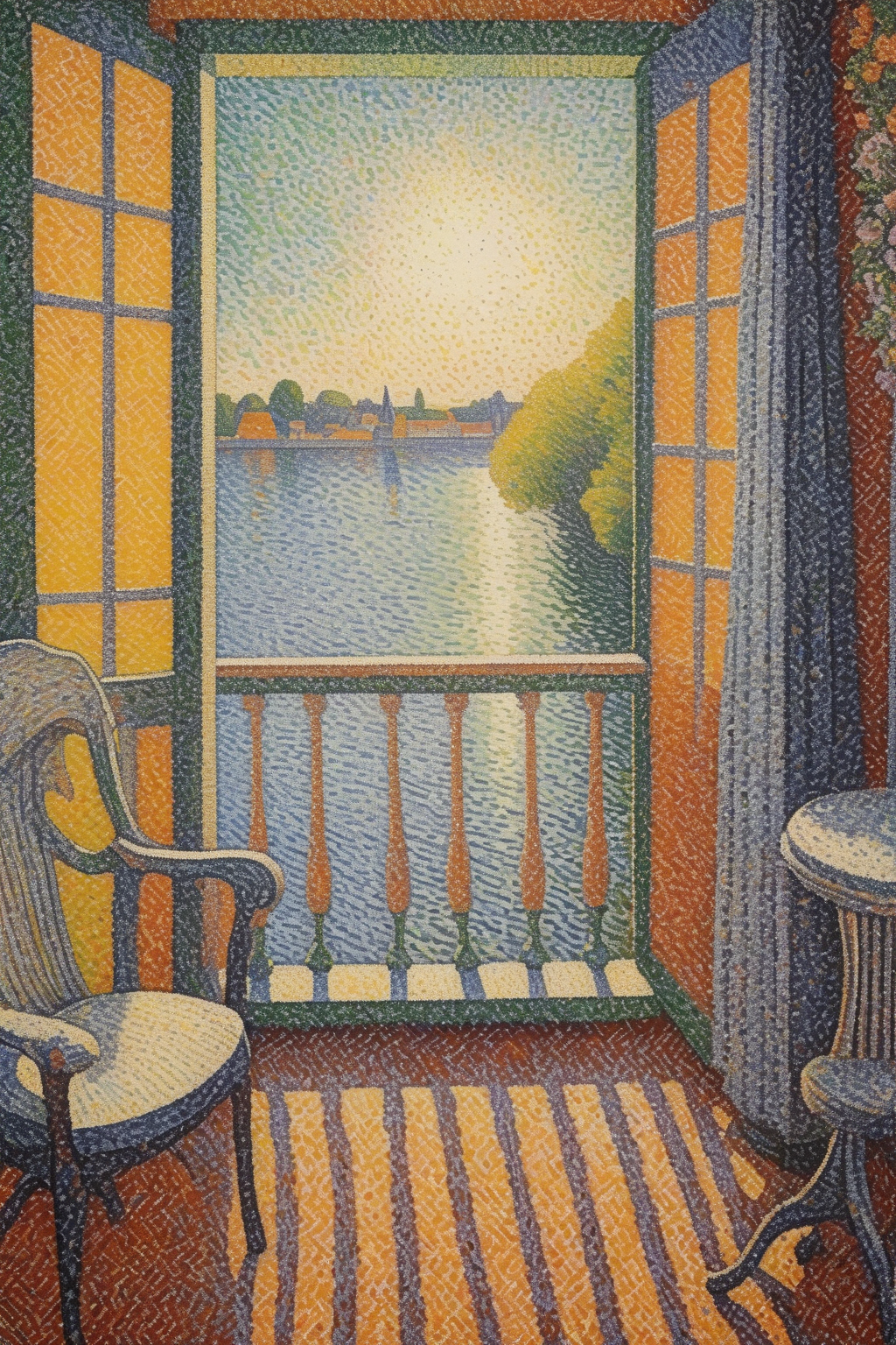 00448-1874355559-_lora_Paul Signac Style_1_Paul Signac Style - pointillism painting by Paul signac of a balcony. the balcony watching a beutiful.png